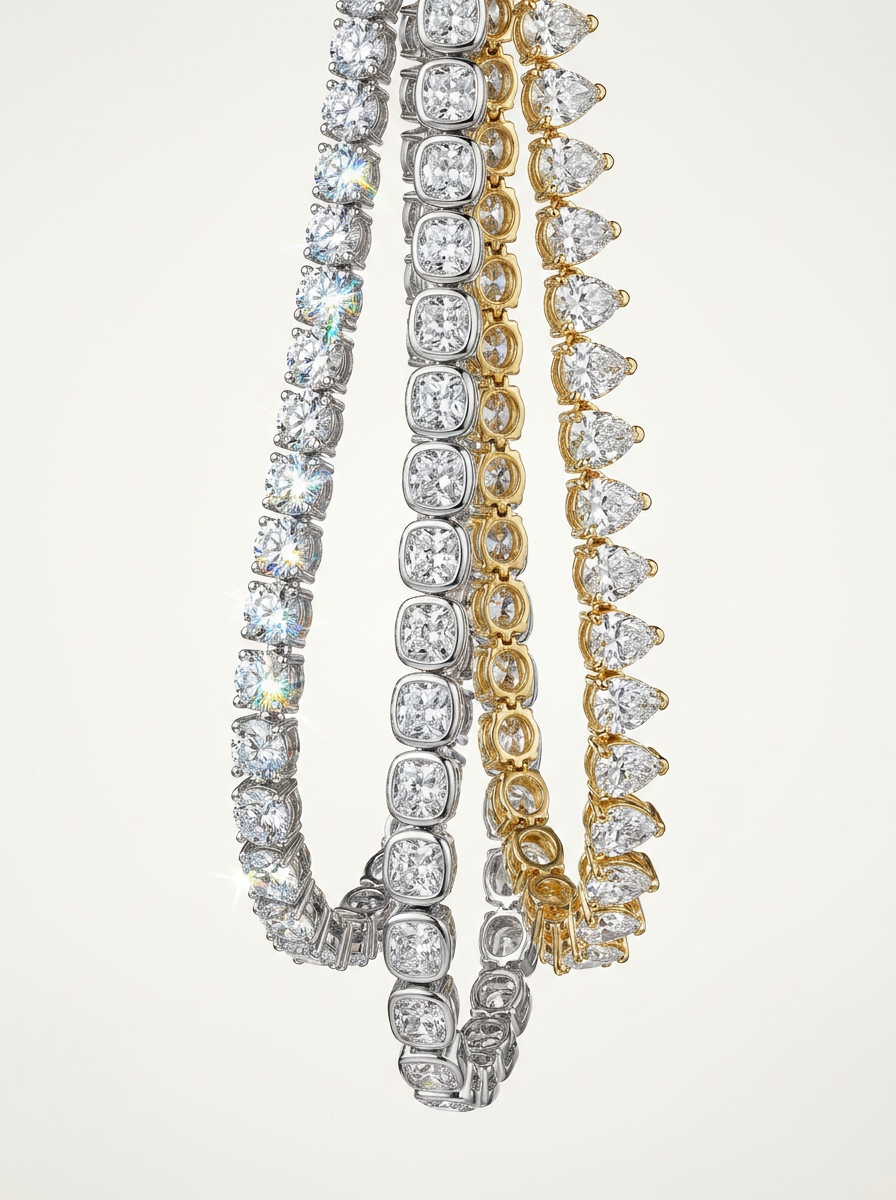 Three diamond tennis bracelets — classic white gold, bezel cushion cut, and yellow gold pear shaped