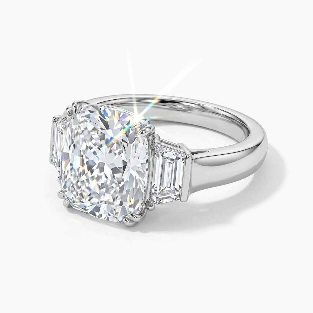 Bespoke white gold cushion cut diamond engagement ring with trapezoid side stones