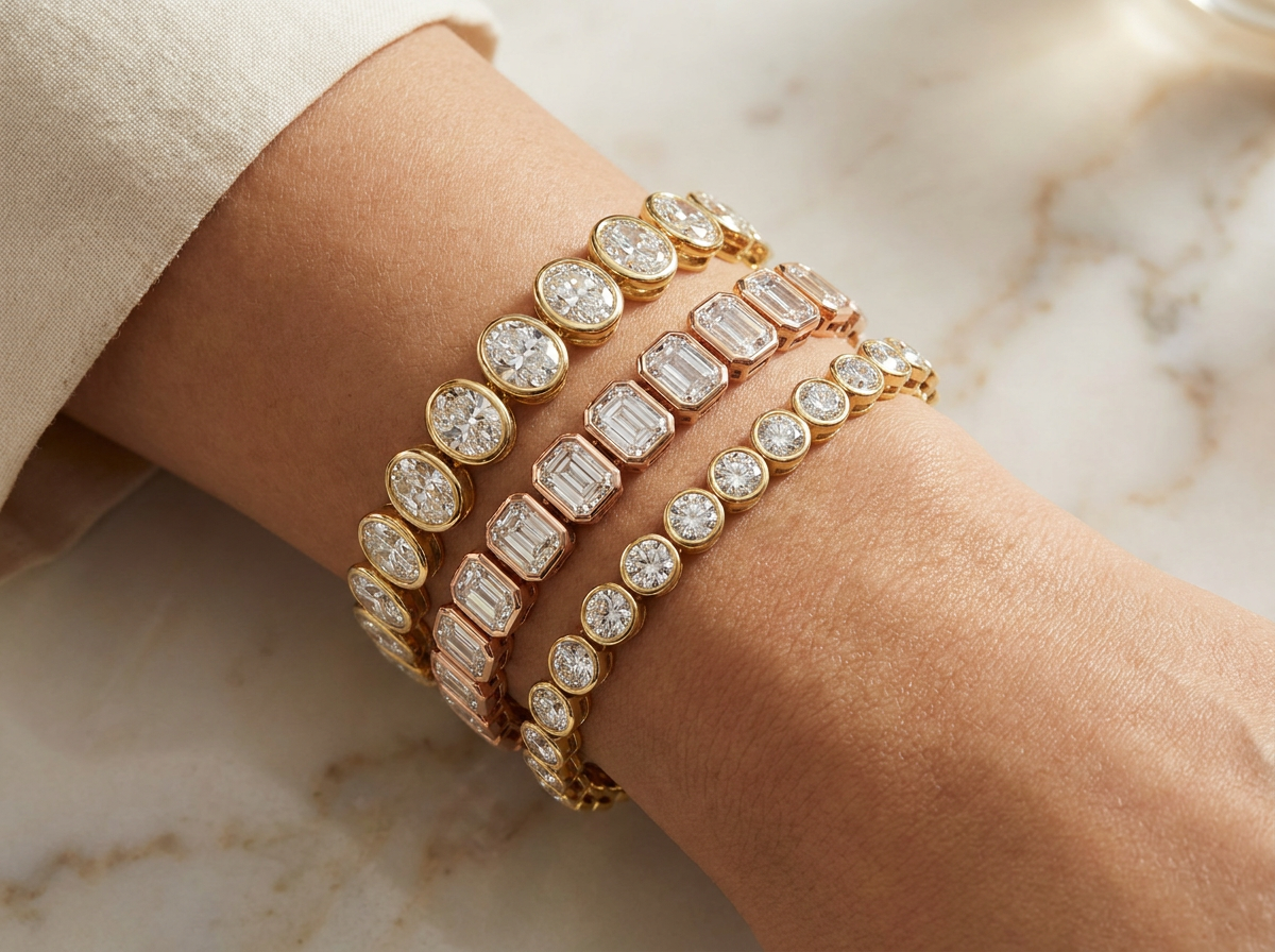 Customised bezel-set diamond tennis bracelets stacked on wrist