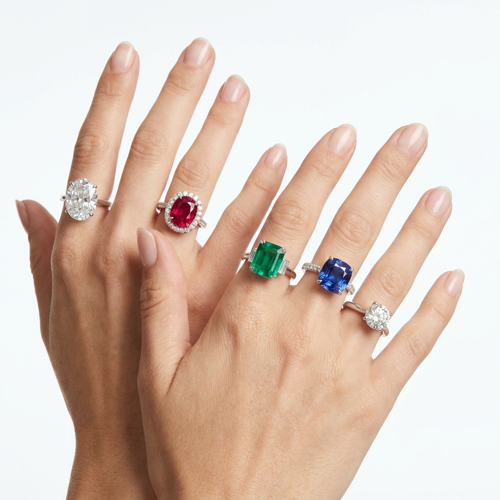 Caucasian woman's hands showcasing multiple bespoke diamond and gemstone rings