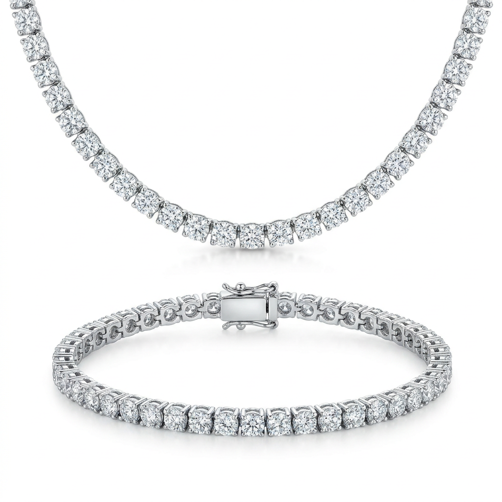 Matching diamond tennis bracelet and necklace set in white gold