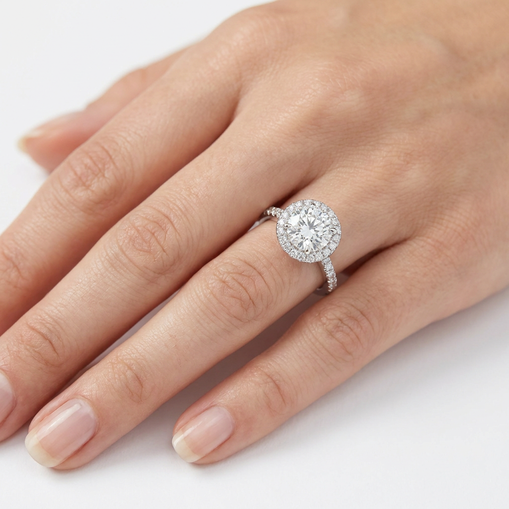 Pavé and Halo diamond ring on caucasian woman's hand